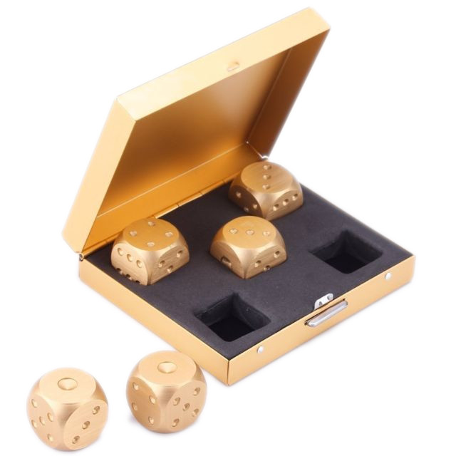 Set of 5 GOLD Colored Metal Dice with GOLD Box