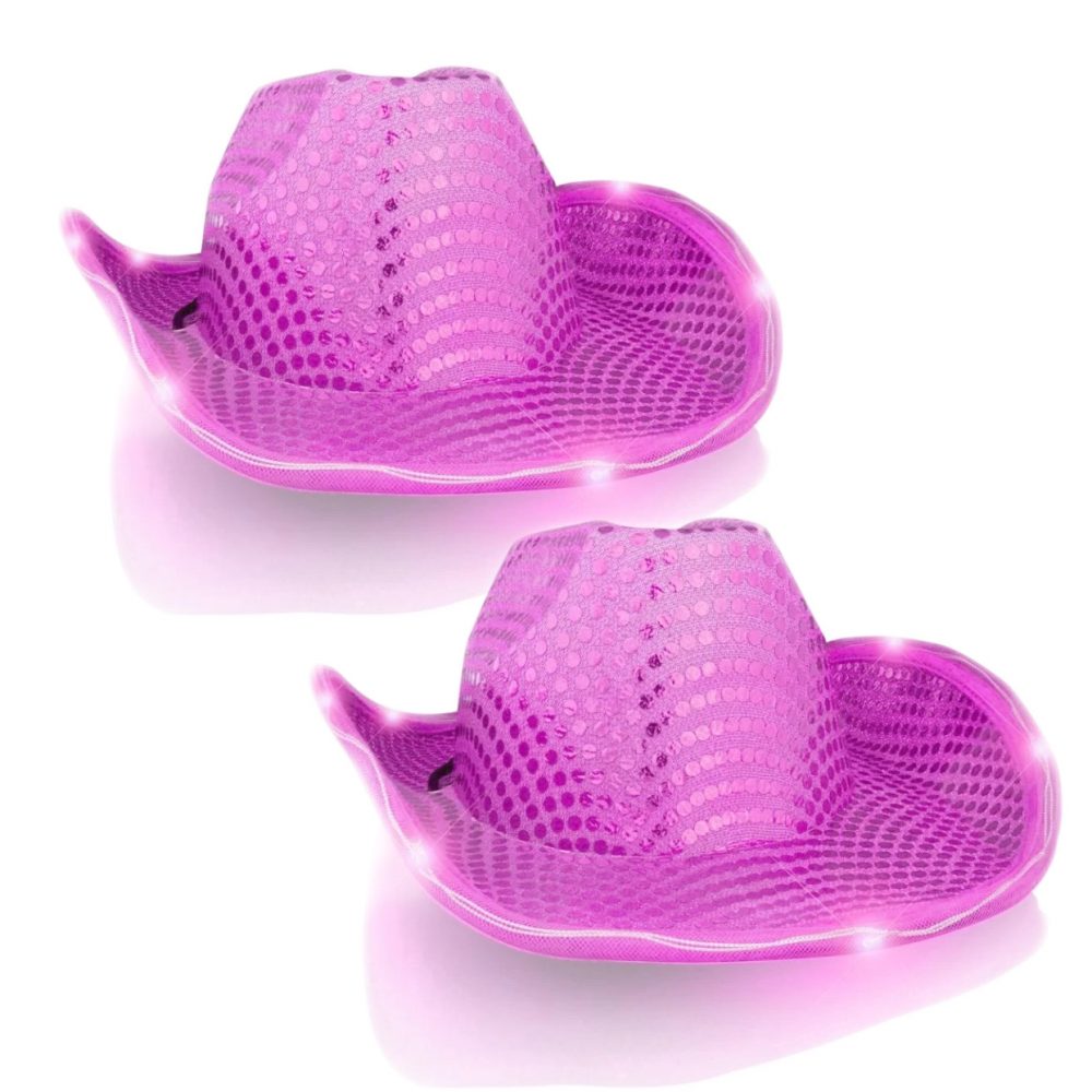 LED Flashing COWBOY HAT with Pink Sequins Pack of 2
