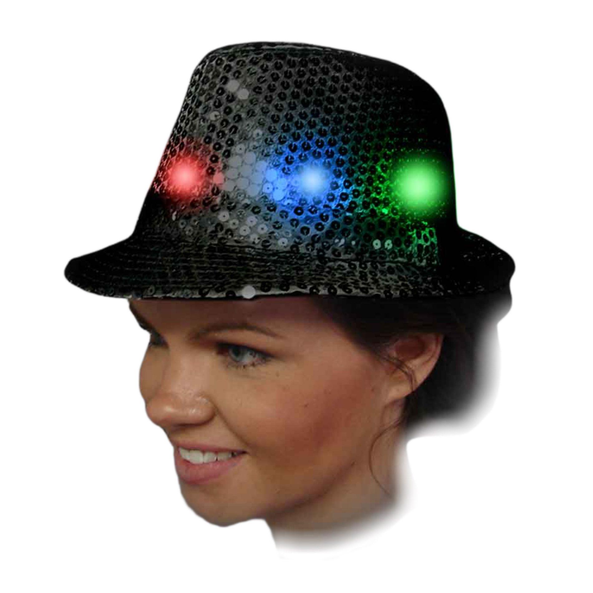 Light Up Flashing Black Sequins Fedora with Multicolor LEDs Colors 2 Red 2 Green 2 Blue