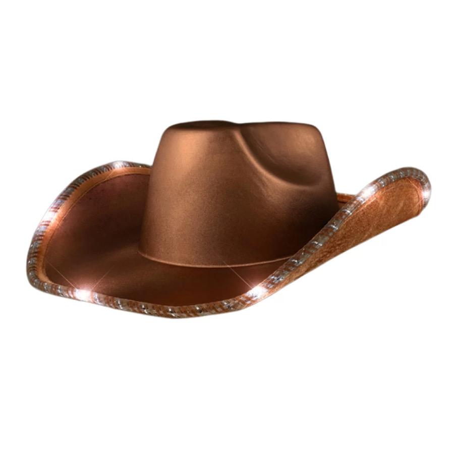 Light Up Shiny Satin Metallic Space Cowboy Hat Brown