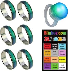 6 Pcs Color Changing Mood Ring Sizes 5, 6, 7 ,8, 9 and 10 with Free 1 E-Mood Ring and Chart