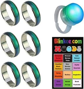 Read more about the article 6 Pcs Color Changing Mood Ring Sizes 5, 6, 7 ,8, 9 and 10 with Free 1 E-Mood Ring and Chart