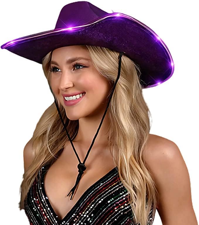 Light Up Shiny Satin Metallic Space Cowboy Hat Purple