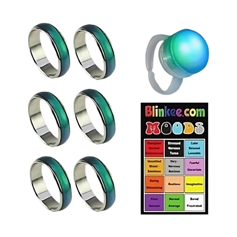 6 Pcs Color Changing Mood Ring Sizes 5, 6, 7, 8, 9 and 10 with Free 1 E-Mood Ring an
