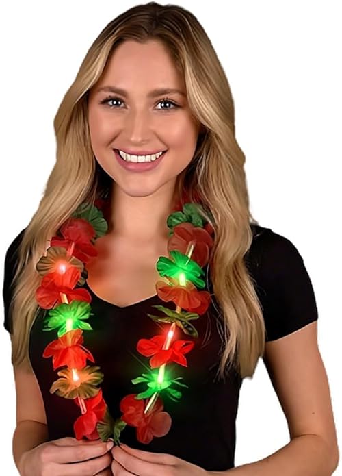 Light Up Hawaiian Flower Christmas Lei Necklace Red Green