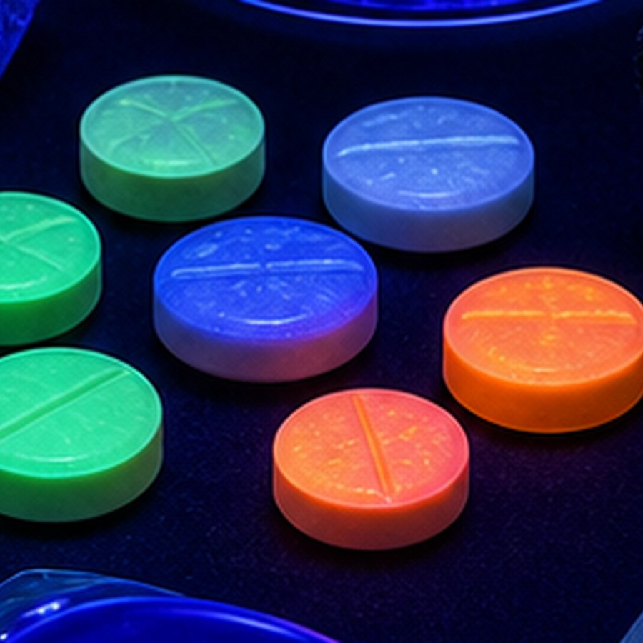 vitamin tablets fluorescing under black light