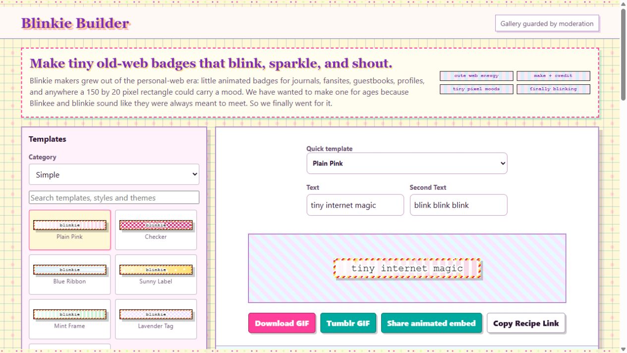Blinkie editor showing template choices, editable text, preview and animated GIF export buttons