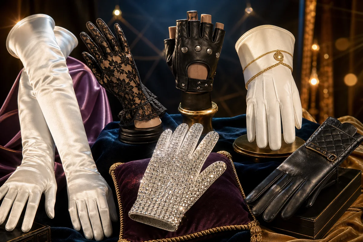 Famous glove styles in pop culture including opera lace fingerless and sparkling stage gloves