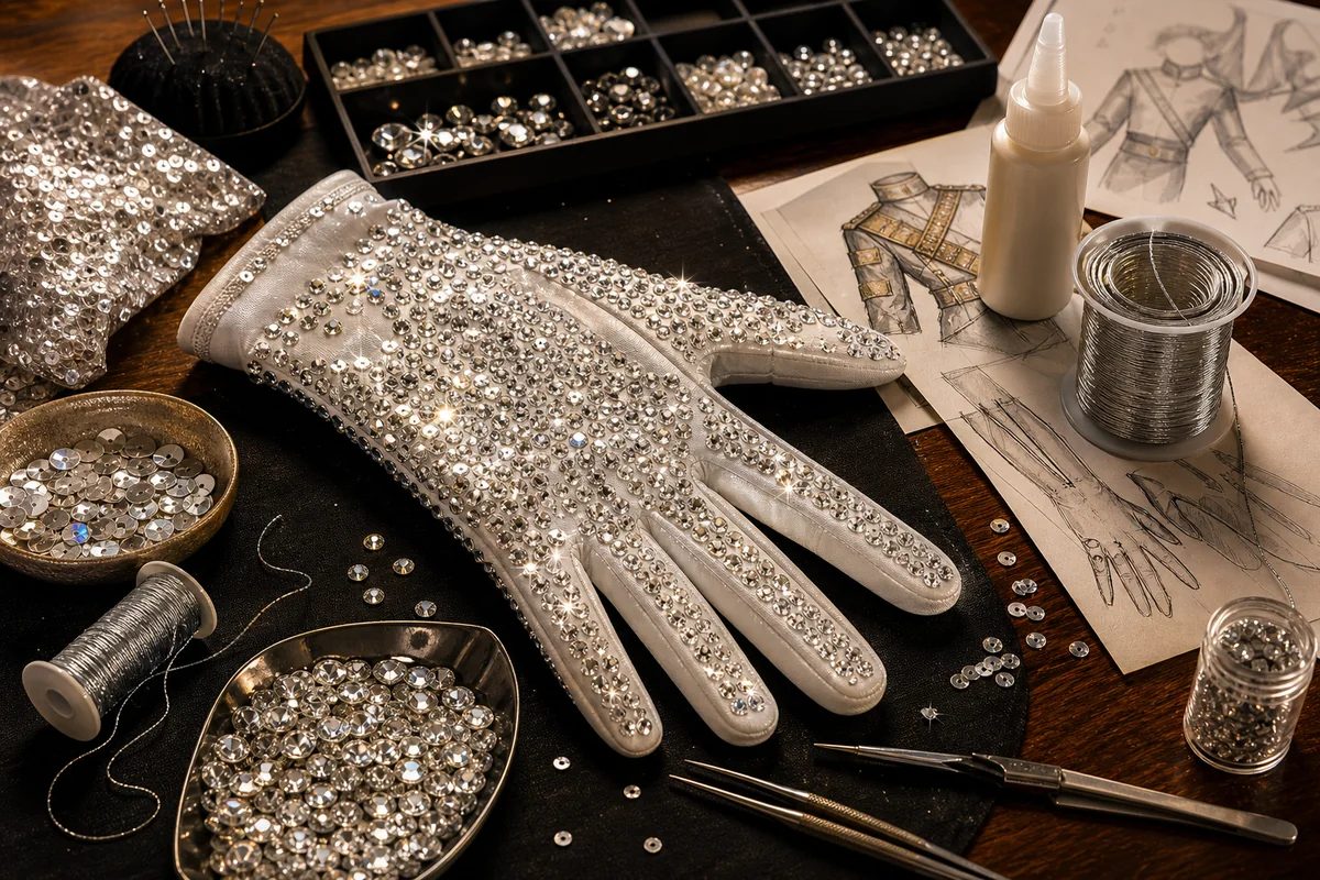 Costume worktable showing a white glove being decorated with rhinestones and sequins