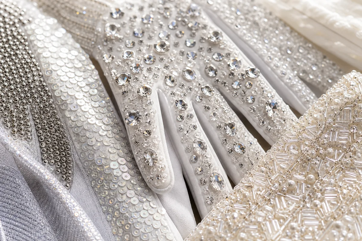 Close up comparison of sequins rhinestones and crystals on a costume glove