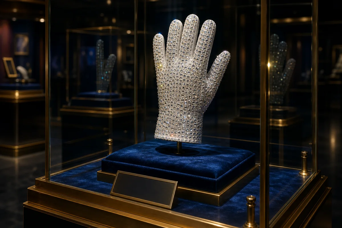 Michael Jackson style glove shown in a museum style auction display case