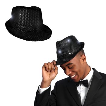 LED Flashing Fedora Hat with Black Sequins All Products