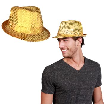 LED Flashing Light Up Fedora Hat with Gold Sequins All Products