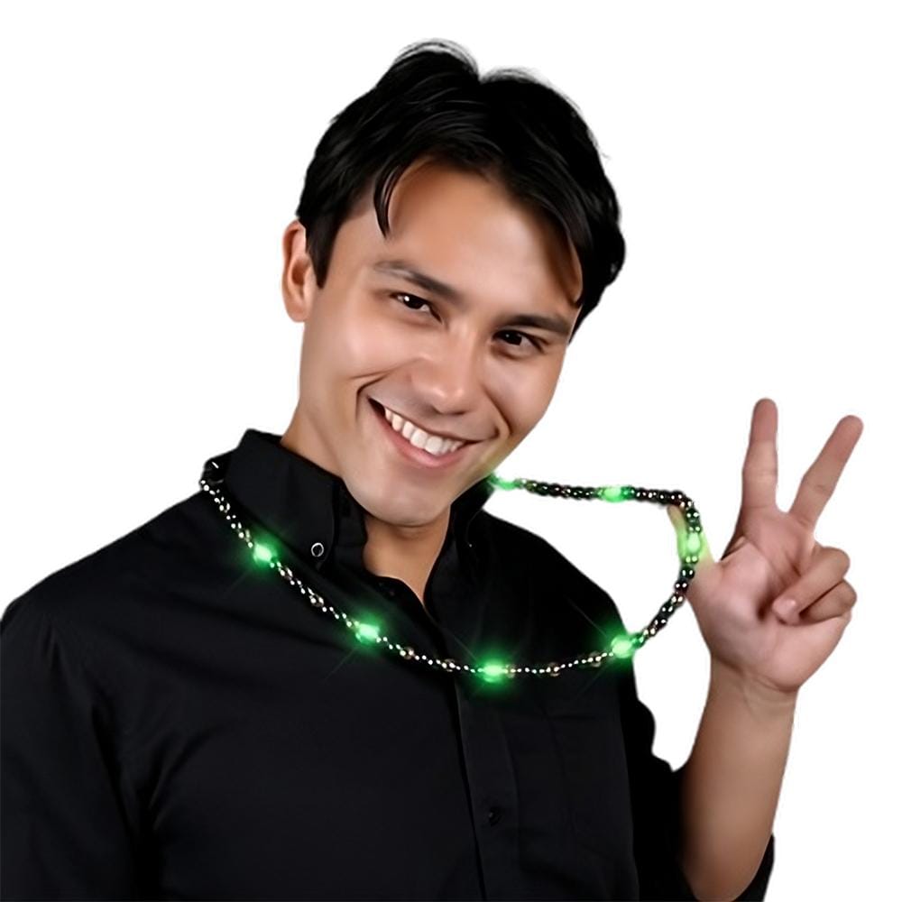 thumbnail image 2 of Flashing Mardi Gras Beaded Necklace | Purple, Green & Gold With LED Lights | 31-Inch Light Up Beads 2 of 12