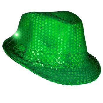 LED Flashing Fedora Hat with Green Sequins Christmas Hats