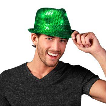 LED Flashing Fedora Hat with Green Sequins Christmas Hats