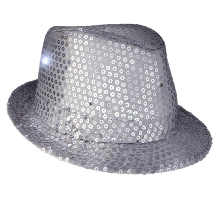 LED Flashing Fedora Hat with Silver Sequins