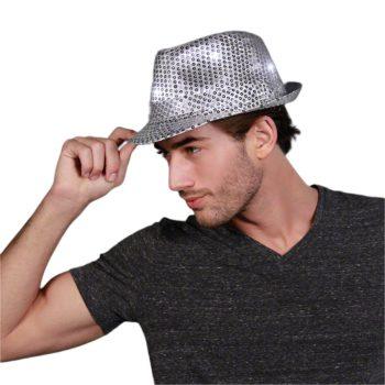 LED Flashing Fedora Hat with Silver Sequins Christmas Hats