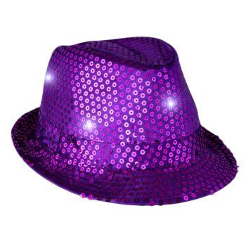LED Flashing Fedora Hat with Purple Sequins Light Up LED Fedoras