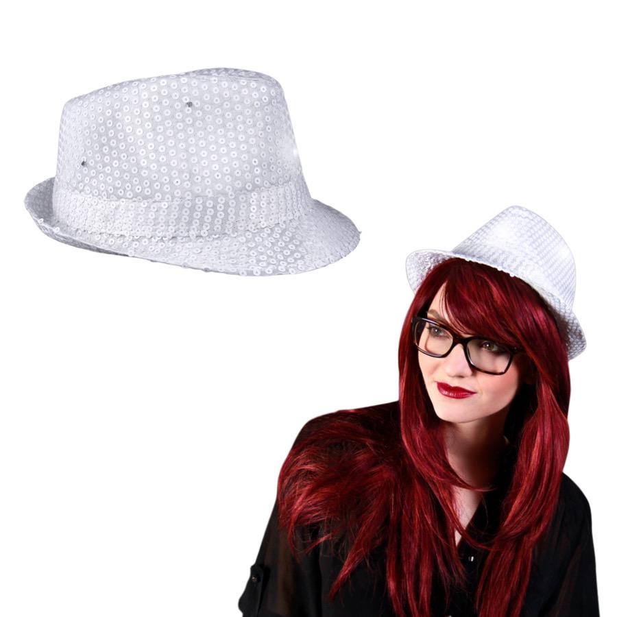 Light Up LED Flashing Fedora Hat with White Sequins All Products 4