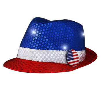 Light Up USA Flashing Fedora Hat with Red White and Blue Sequins 4th of July