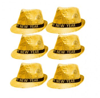 Light Up LED Happy New Year Fedora Gold Pack of 6 All Products