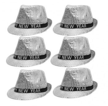 Light Up LED Happy New Year Fedora Silver Pack of 6 All Products