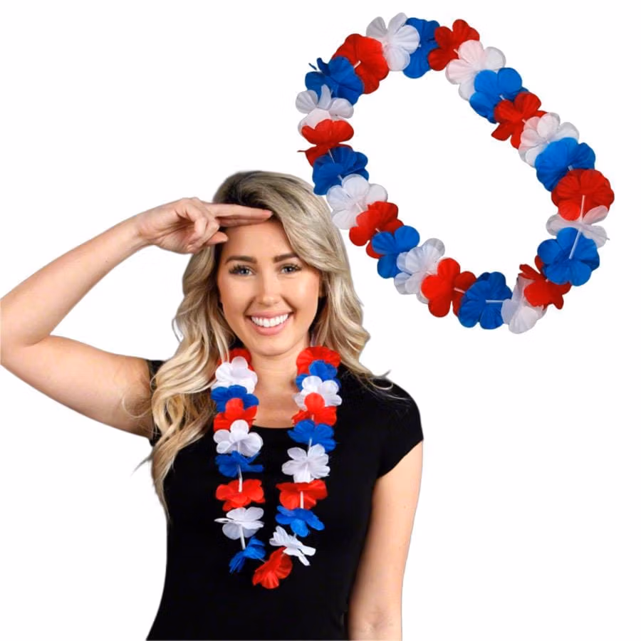 Hawaiian Flower Lei Necklace Red White and Blue Non-Light Up Fun 4