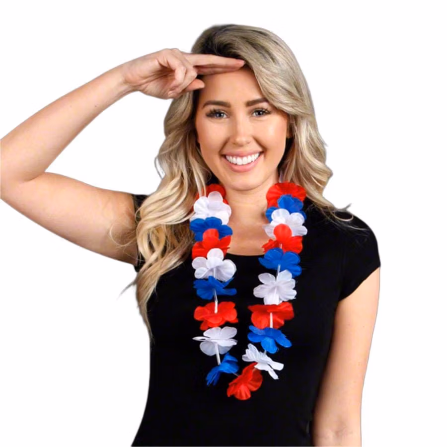 Hawaiian Flower Lei Necklace Red White and Blue Non-Light Up Fun 3