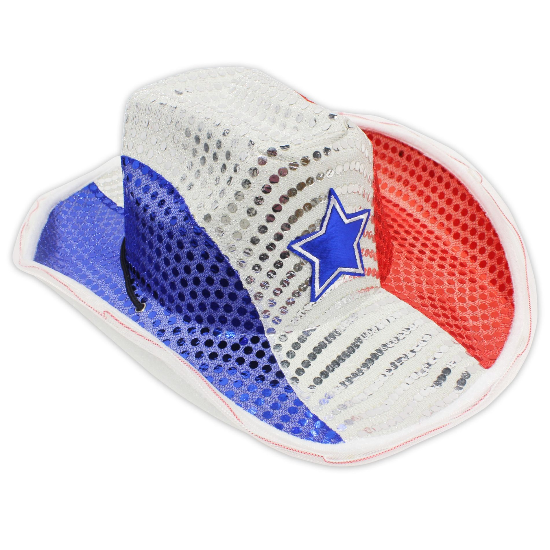Light Up LED Flashing Cowboy Hat with Red White and Blue Sequins 4th of July 3