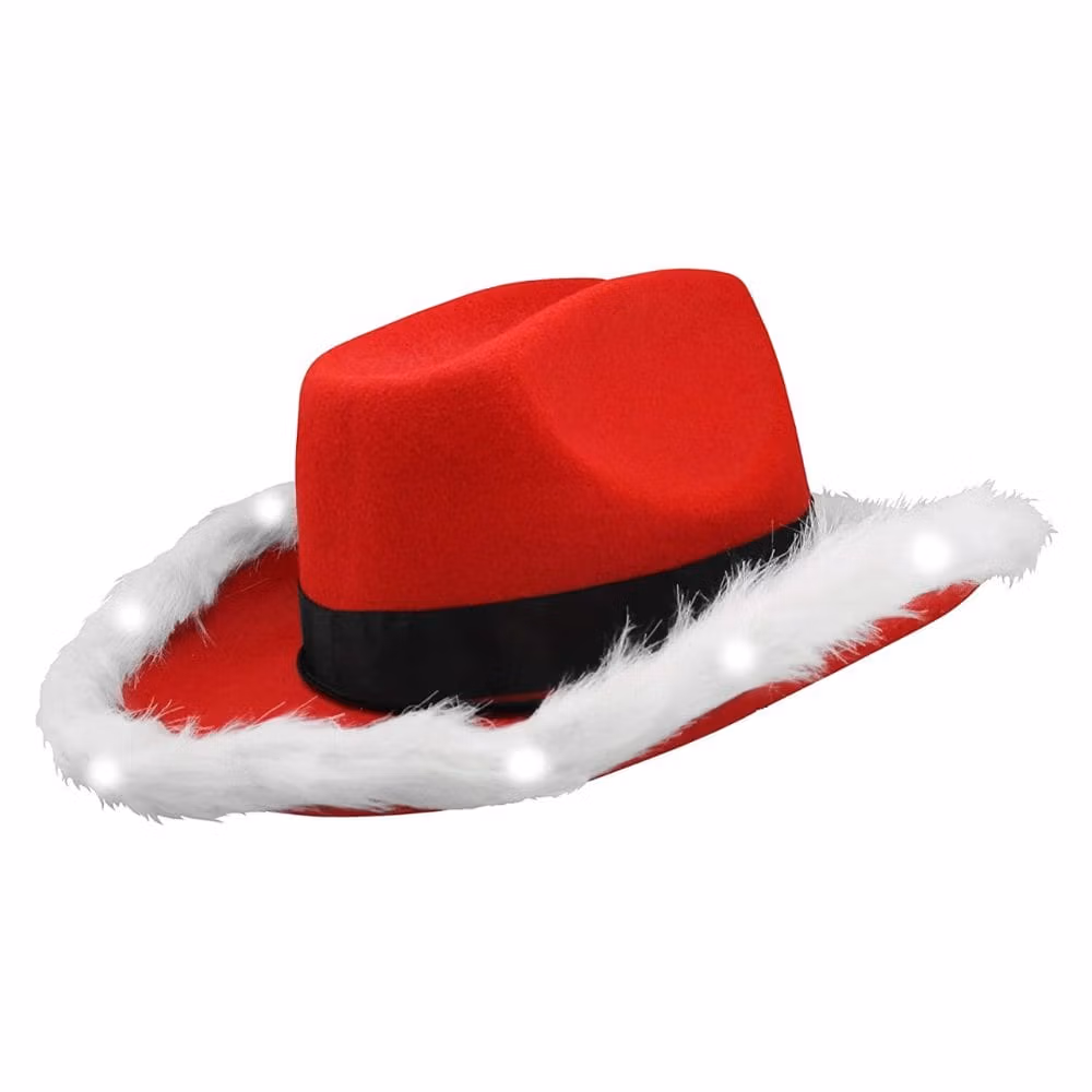 LED Flashing Christmas Cowboy Red Santa Clause Western Holiday Hat Christmas Hats 7