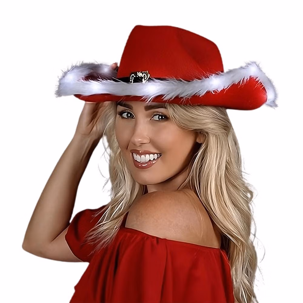 LED Flashing Christmas Cowboy Red Santa Clause Western Holiday Hat Christmas Hats 3