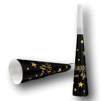 Happy New Year Non-light up Paper Horns Holiday Noisemaker Pack of 6 Gold