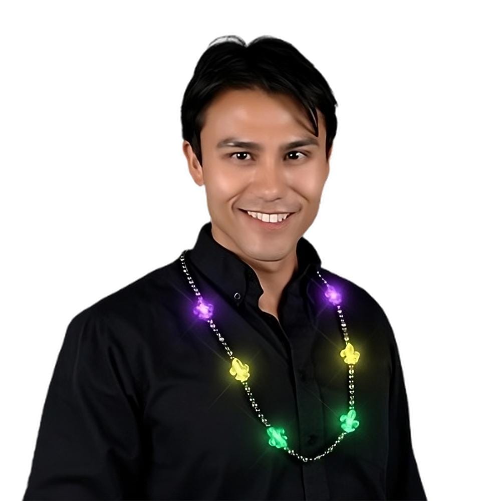 thumbnail image 2 of Flashing Mardi Gras Beaded Necklace | Purple, Green & Gold With LED Lights | 31-Inch Light Up Beads 2 of 12