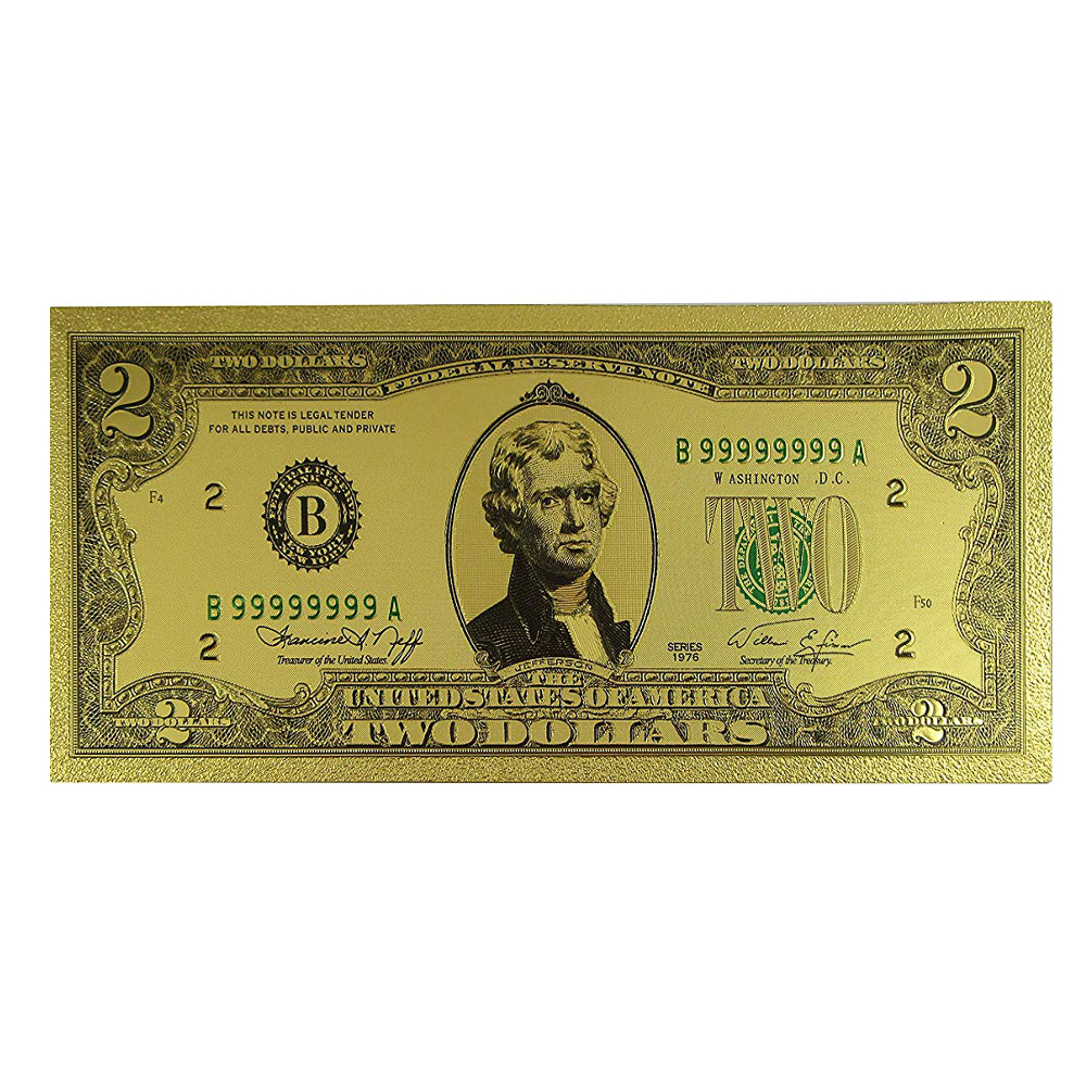 2$-*22 K GOLD $ 2 DOLLAR BILL* HOLOGRAM COLORIZED-USA NOTE LEGAL CURRENCY NOTES 