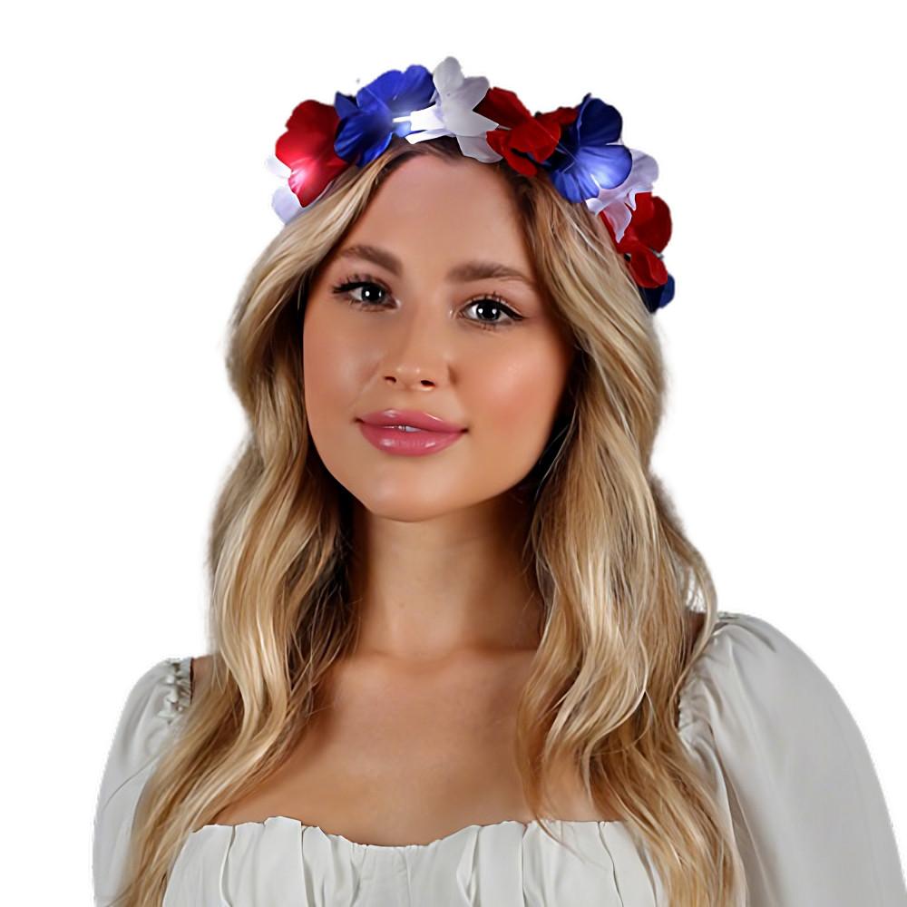 Light Up Flower Hawaiian Stretch Crown Red White and Blue 4th of July 4