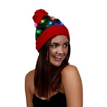 Light Up Black Red Pompom Beanie Hat All Products