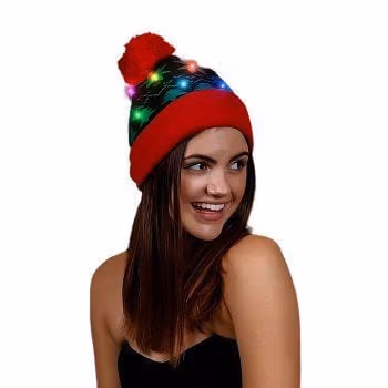 Light Up Black Red Pompom Beanie Hat All Products