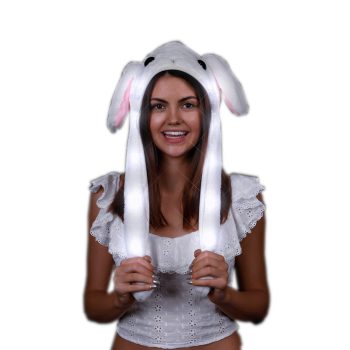 Light Up Flashing Bunny Moving Ears Plush Hat White Halloween Headwear