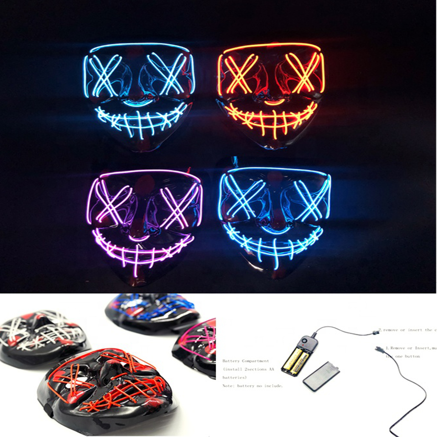 Rave EL Wire Halloween Party Mask Assorted Colors 1 Piece | Best ...