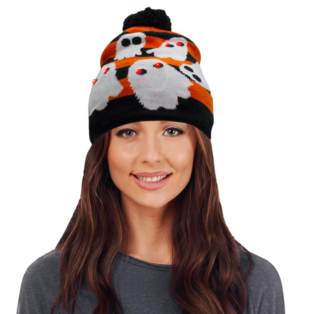 Light Up Ghost Knit Pom Pom Beanie Hat Pack of 4 All Products 3
