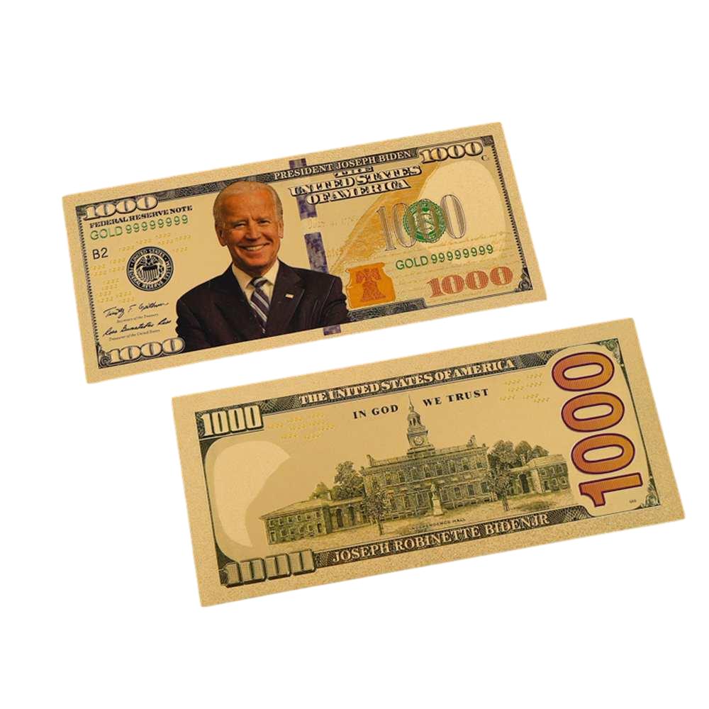 Smile 1000 Fake Dollar Gold Foil President Joe Biden 24k Gold Plated Bill Collectible Banknotes for Decoration 24K Gold and Silver Plated Replica Bills 5