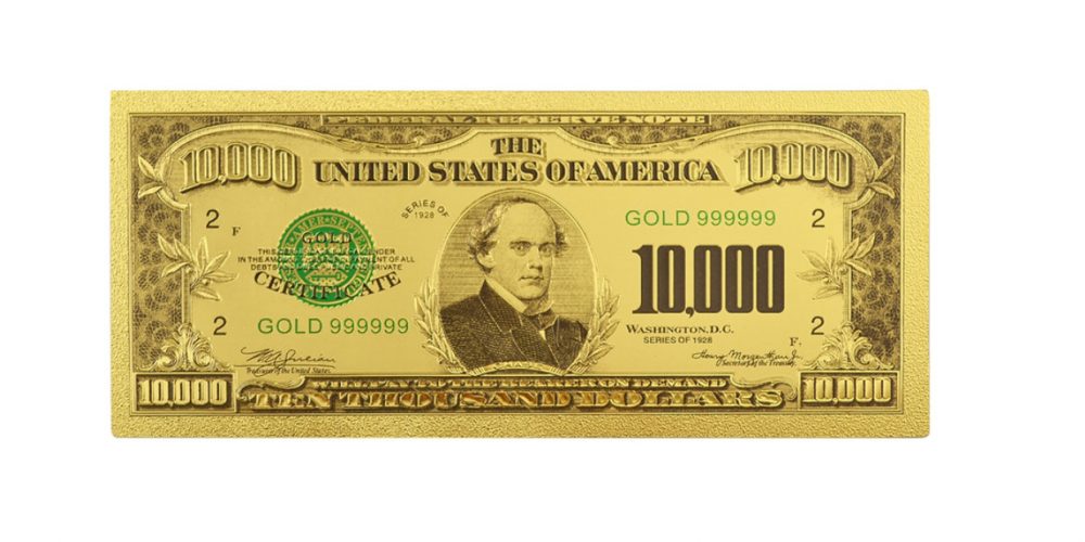 Ten Thousand US Dollars 24K Gold Plated Collectible Fake Banknotes for Decoration 24K Gold and Silver Plated Replica Bills