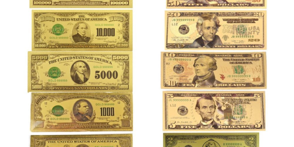 Mega Max 24K Gold Plated US Dollar Fake Banknotes Set of 13 Timeless Collection Protector Sold Separately 24K Gold and Silver Plated Replica Bills