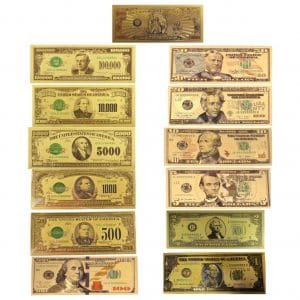 Mega Max 24K Gold Plated US Dollar Fake Banknotes Set of 13 Timeless Collection Protector Sold Separately 24K Gold and Silver Plated Replica Bills
