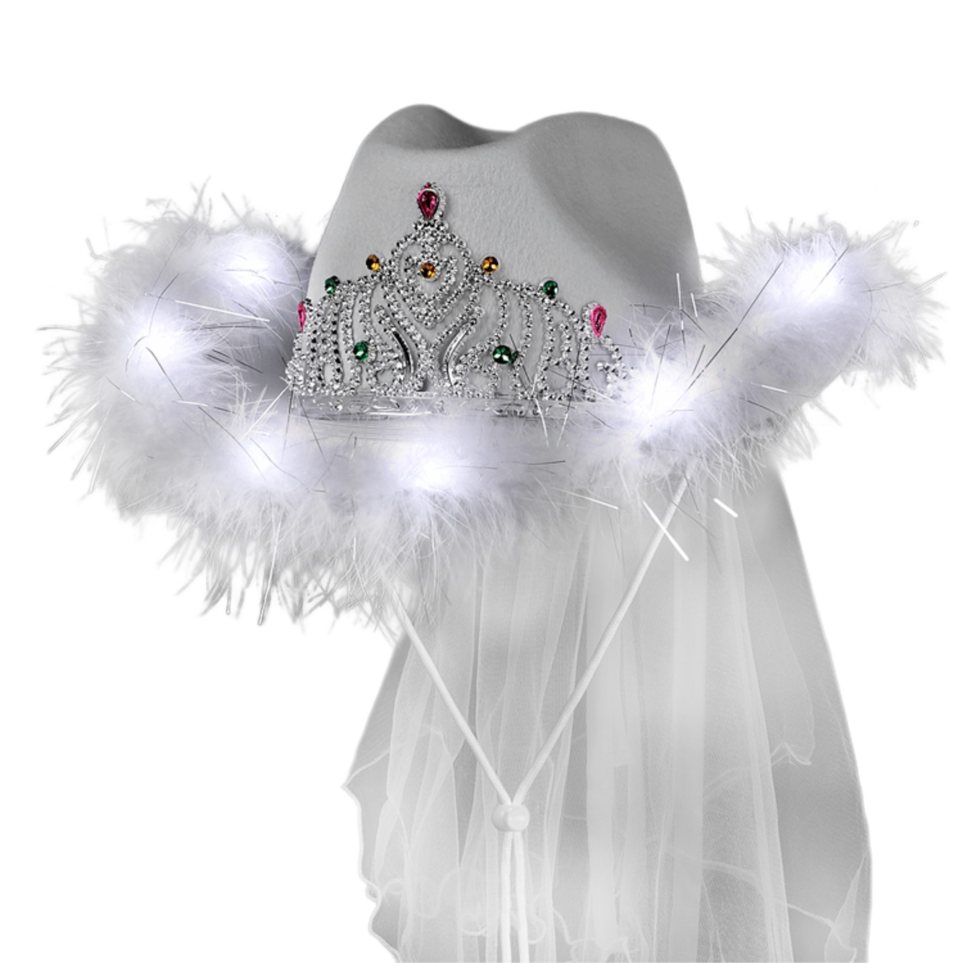 Light Up White Tiara Bridal Cowboy Cowgirl Hat with Veil for Bachelorette and Bridal Party All Products 3