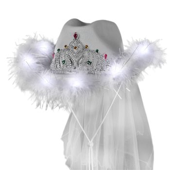 Light Up White Tiara Bridal Cowgirl Hat with Veil for Bachelorette and Bridal Party All Products