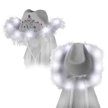 Light Up White Tiara Bridal Cowboy Cowgirl Hat with Veil for Bachelorette and Bridal Party All Products