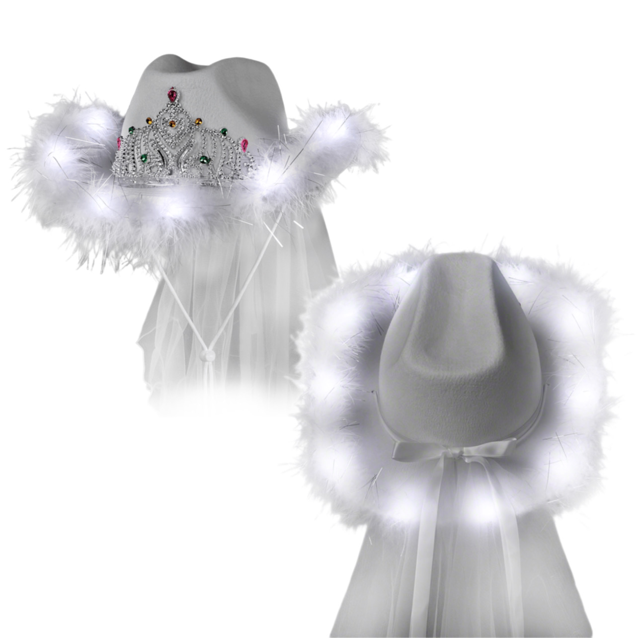 Light Up White Tiara Bridal Cowboy Cowgirl Hat with Veil for Bachelorette and Bridal Party All Products 5