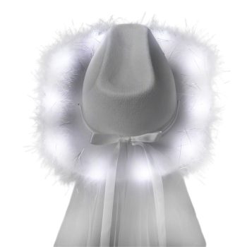 Light Up White Tiara Bridal Cowboy Cowgirl Hat with Veil for Bachelorette and Bridal Party All Products